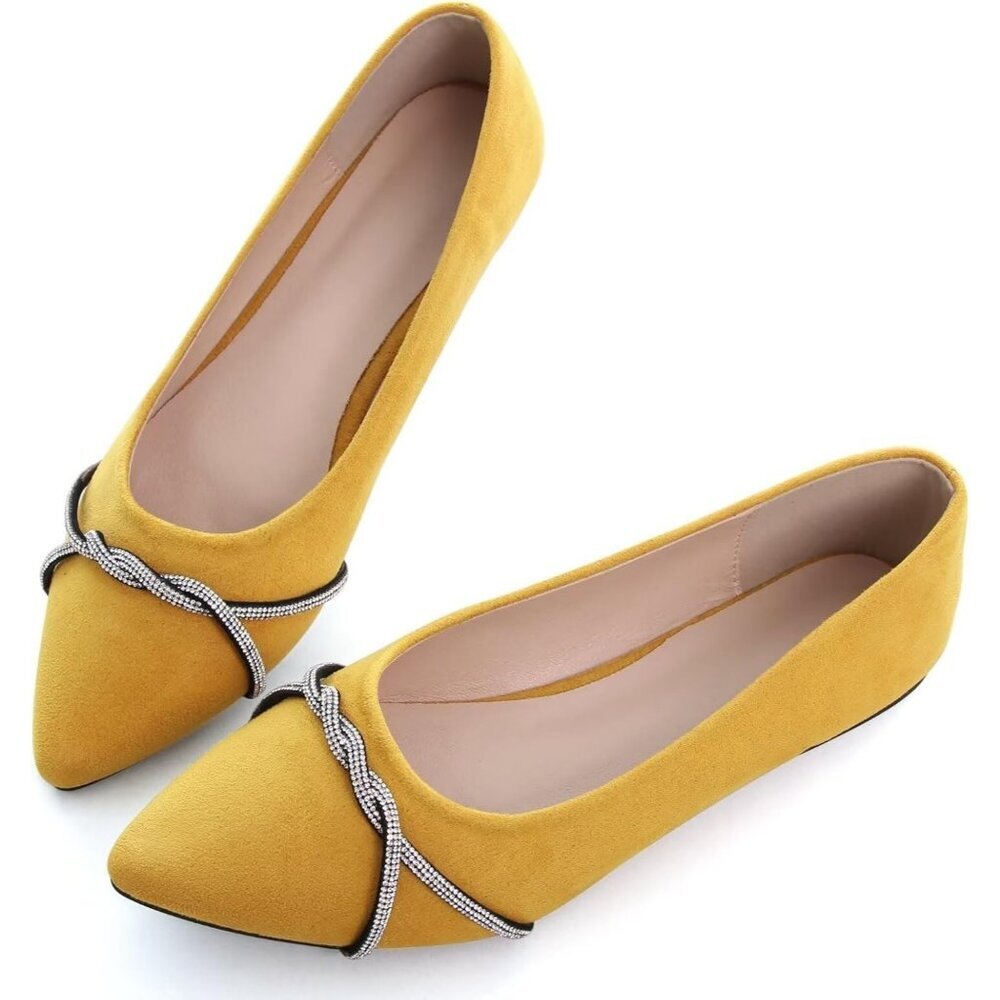Women's Yellow Casual Flats Fashion Chain Pointed Toe Ballet Flat Rhinestone - Picture 5 of 7